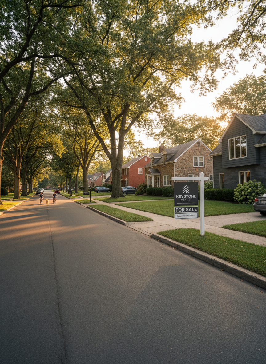 A tidy suburban street in Pennsylvania lined with mature trees, each casting dappled shadows on the smooth asphalt and well-kept sidewalks. Several distinct single-family homes with varied facades—brick, stone, and siding—sit behind manicured lawns and low hedges. One property stands out with a modern, minimalist real estate yard sign displaying clean branding and a “For Sale” indication. Late afternoon sunlight filters through the leaves, creating a warm yet professional atmosphere. Photographic realism captures the scene from an eye-level, slightly off-center perspective, providing depth down the street. The mood is safe, established, and community-oriented, ideal for communicating neighborhood appeal and long-term value to buyers.