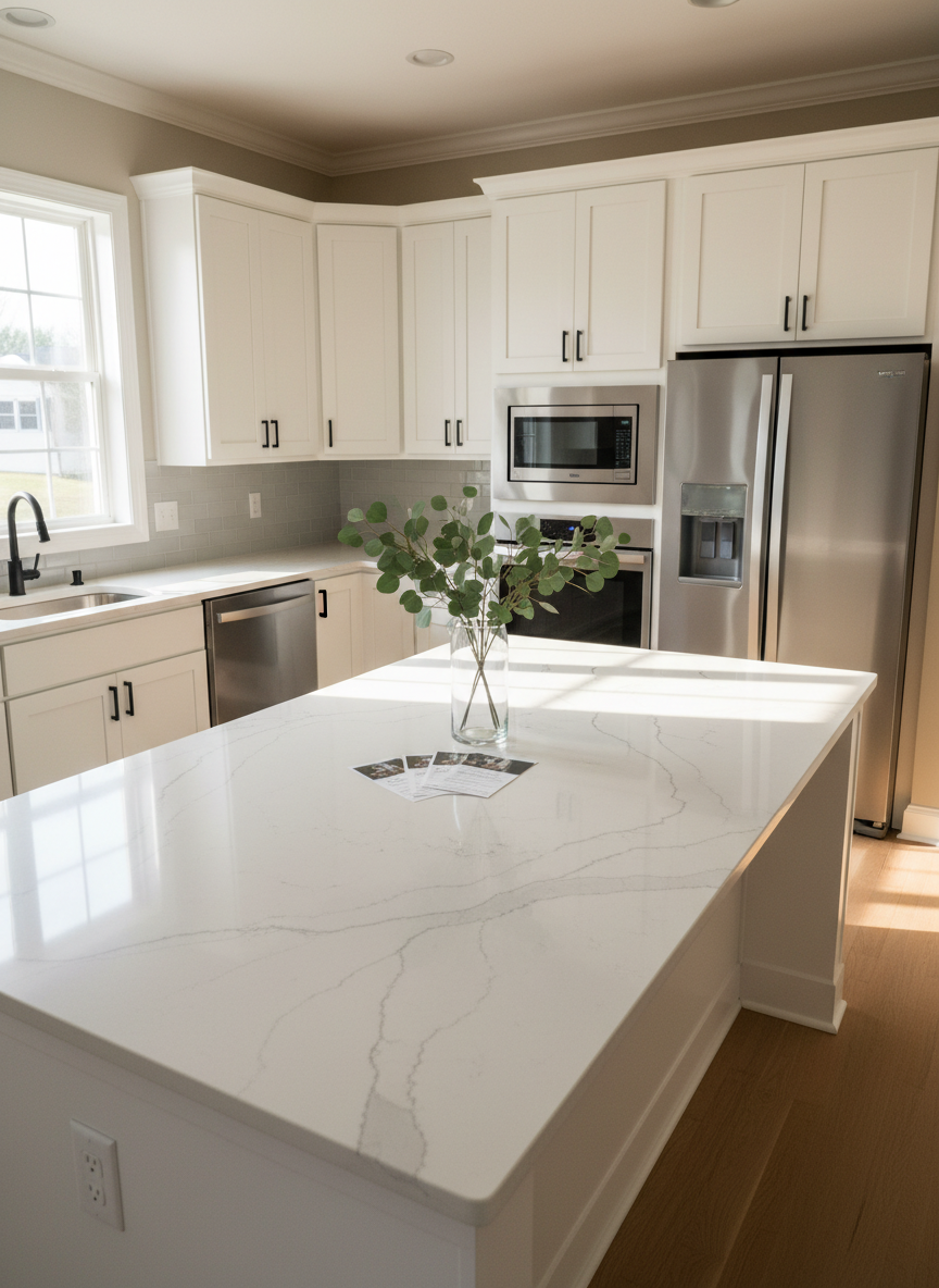 A sunlit kitchen in a Delaware home prepared for listing, featuring white shaker cabinets with matte black hardware, a broad quartz island with subtle gray veining, and stainless steel appliances with clean, reflective surfaces. A small, tasteful stack of property information sheets sits neatly on the island beside a glass vase holding a simple arrangement of green eucalyptus stems. Morning light pours through a nearby window, creating soft highlights on the quartz and gentle shadows along the cabinet doors. Captured in photographic realism from a slightly elevated corner angle, the scene has crisp clarity and balanced composition, conveying freshness, quality finishes, and a move-in-ready feeling ideal for showcasing a premium listing.