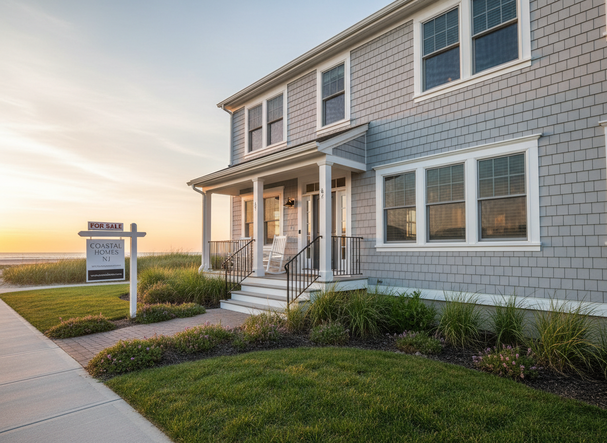 A charming New Jersey coastal townhouse exterior at sunset, with light gray clapboard siding, crisp white trim, and a welcoming front porch accented by simple black railings. A tasteful “For Sale” sign featuring a clean, professional design stands near a brick walkway bordered by low dune grass and small native shrubs. The warm golden hour light casts long, soft shadows and a gentle glow on the facade, reflecting in the glass of the front windows. Photographic realism showcases the scene from a low, slightly angled perspective, emphasizing the height and curb appeal of the home. The mood is serene, aspirational, and coastal, ideal for highlighting lifestyle-driven listings in the NJ market.