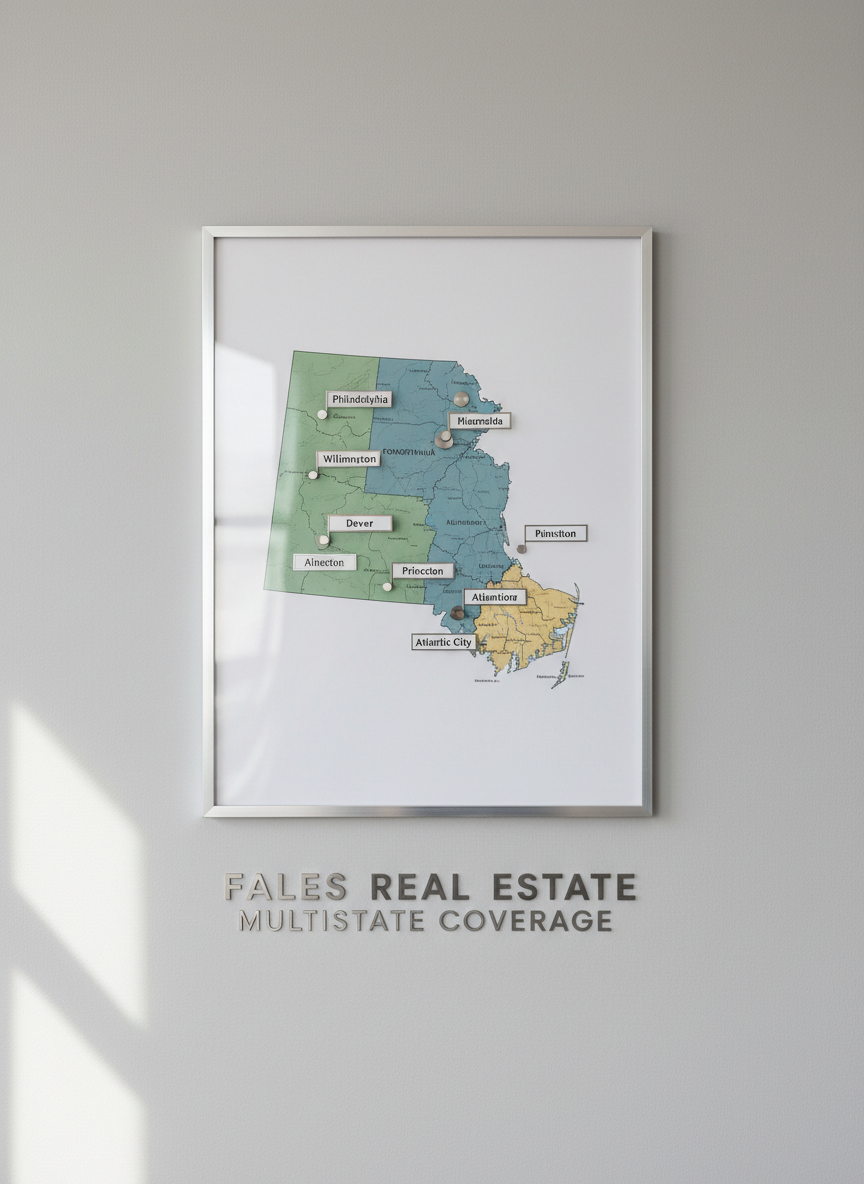 A realistic, wall-mounted regional map highlighting Delaware, Pennsylvania, and New Jersey with distinct, muted colors and crisp, clear borders. Key real estate markets are marked with small, metallic pushpins and neatly printed labels. The map is framed in thin, brushed aluminum and hung on a smooth, light gray office wall. Soft, diffused daylight from an unseen window grazes the surface, creating minimal glare and emphasizing the fine cartographic detail. Shot straight-on in photographic realism with sharp focus across the entire image, the composition feels clean, organized, and strategic, visually representing Fales Real Estate’s multistate expertise and coverage area without any human presence.