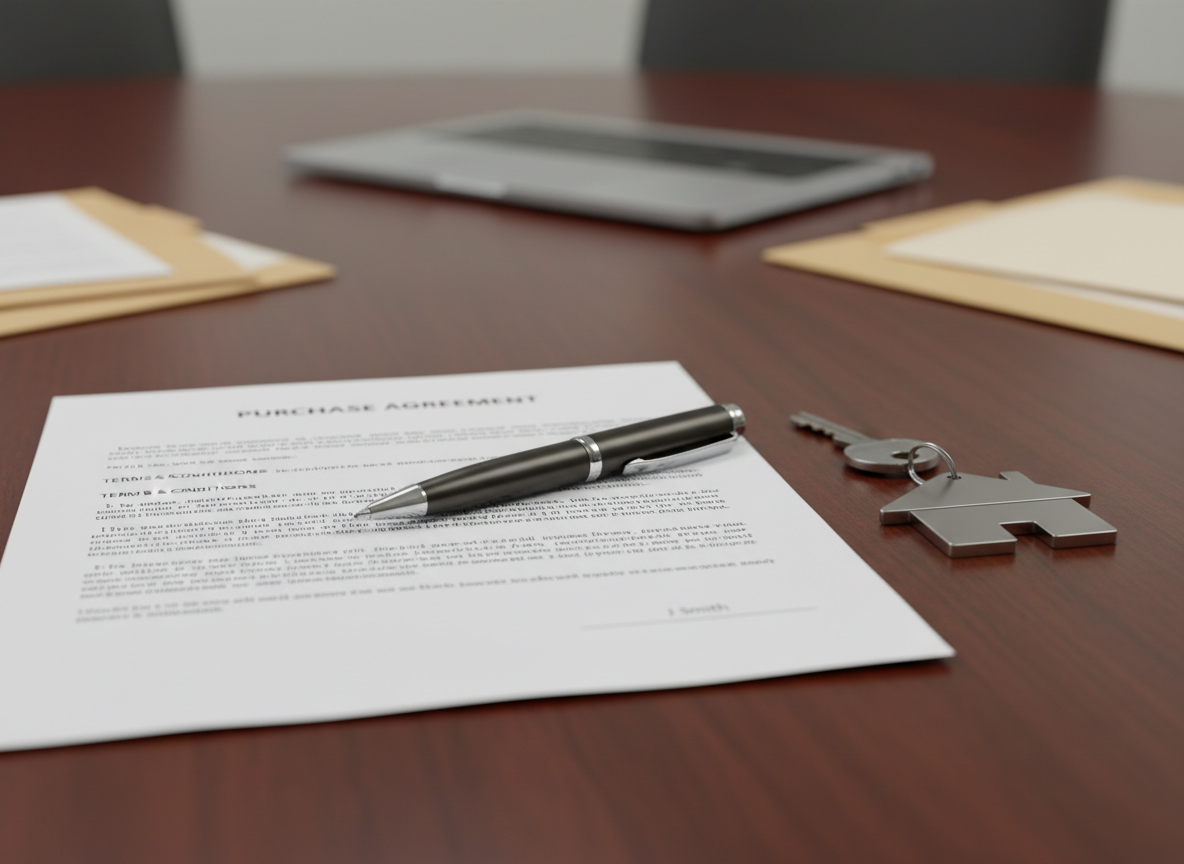 A detailed close-up of a real estate contract and house keys arranged on a smooth, dark wood conference table. The contract shows clearly printed headings and fine lines of text, with a metal pen resting diagonally across the document. Next to it, a small, brushed-nickel house key rests on a simple, geometric keychain shaped like a house with clean edges and a satin finish. Soft, overhead office lighting creates controlled reflections on the pen and subtle shadows under the paper edges. Captured in photographic realism with a shallow depth of field, the focus is on the signature line and key, while the background gently blurs into indistinct folders and a closed laptop, creating a professional, precise, and trustworthy atmosphere.