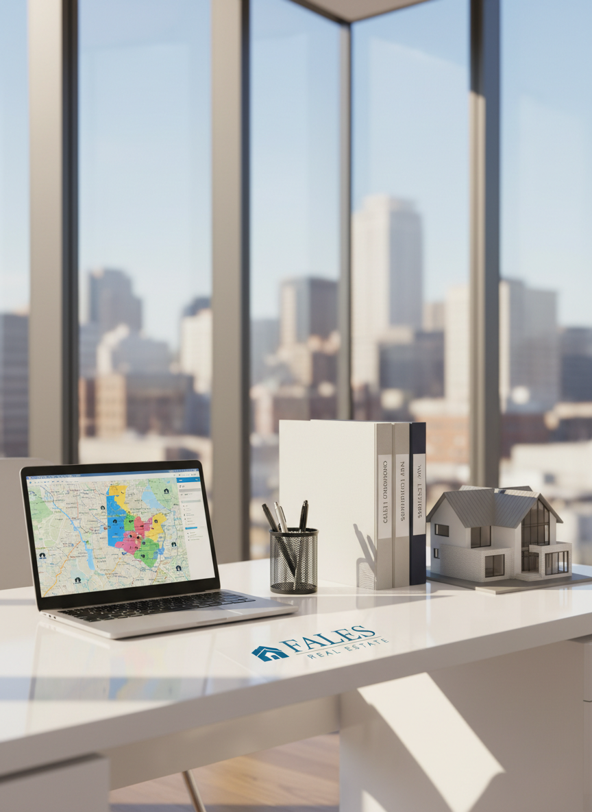 A bright, modern real estate office workspace representing Fales Real Estate, with a sleek white desk holding an open silver laptop displaying a detailed map of DE, PA, and NJ on the screen. Beside it, neatly stacked property folders, a black metal pen holder, and a small architectural model of a residential home with realistic textures and details. Large floor-to-ceiling windows reveal a softly blurred urban skyline. Natural daylight floods the room, creating gentle reflections on the glossy desk surface. Shot from a slightly elevated angle with photographic realism and clean, professional styling, the mood feels organized, analytical, and reassuring, emphasizing smart decisions and expert real estate guidance without any human presence.
