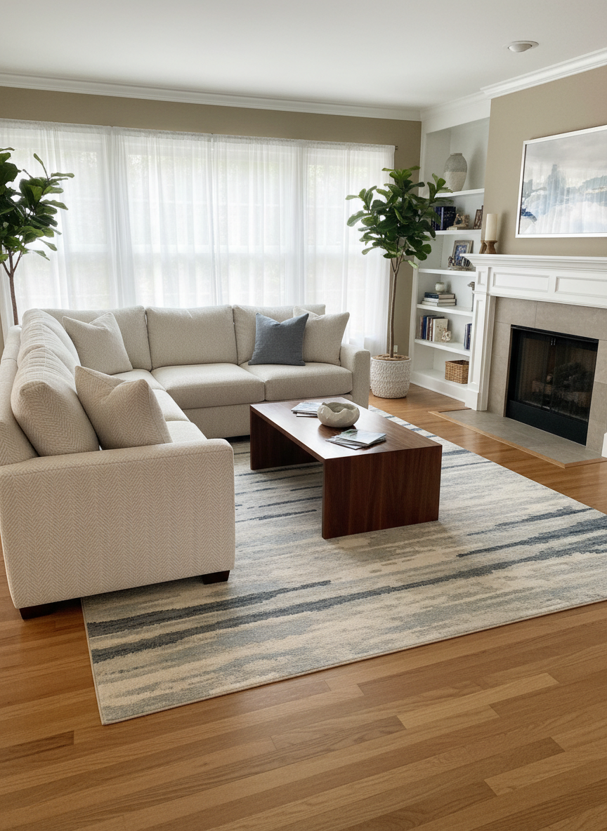 A spacious, freshly staged living room in a Pennsylvania home, featuring a neutral-toned sectional sofa with textured beige fabric, a solid wood coffee table with a smooth walnut finish, and a subtle blue and gray area rug anchoring the space. Large windows with sheer white curtains allow soft, diffused daylight to wash over the room, highlighting the polished hardwood floors. On the coffee table, a tasteful stack of real estate brochures and a small ceramic bowl add understated detail. Photographic realism captures the scene from an eye-level, wide-angle perspective, ensuring sharp focus throughout. The atmosphere is warm, inviting, and move-in ready, perfectly representing a listing prepared by a professional real estate advisor.